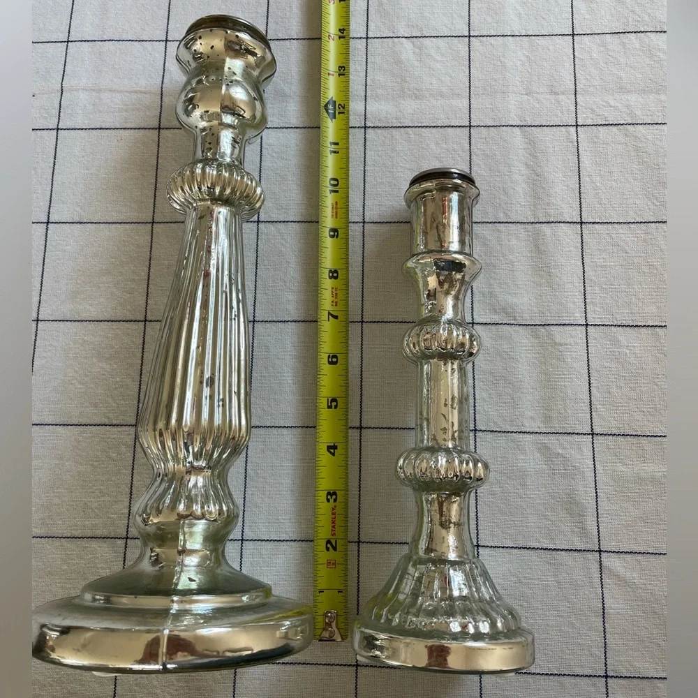 Pottery Barn Antique Silver Mercury Glass Taper Candlestick Holders Set of 3 - Picture 5 of 7